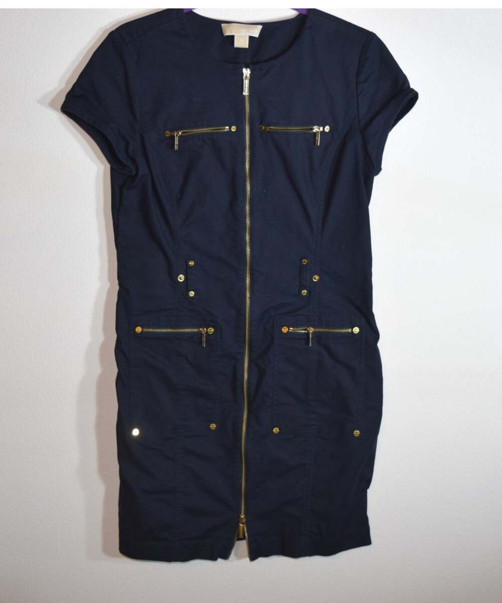 Michael Michael Kors Navy Zip Front Sheath Dress Gold Hardware Cap Sleeve 8